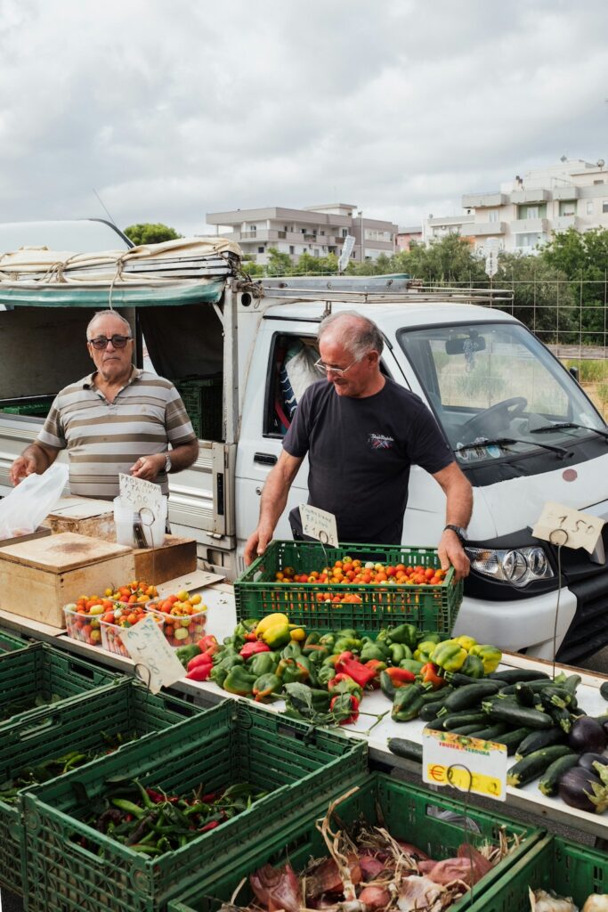 A market in Puglia with local vendors and fresh produce